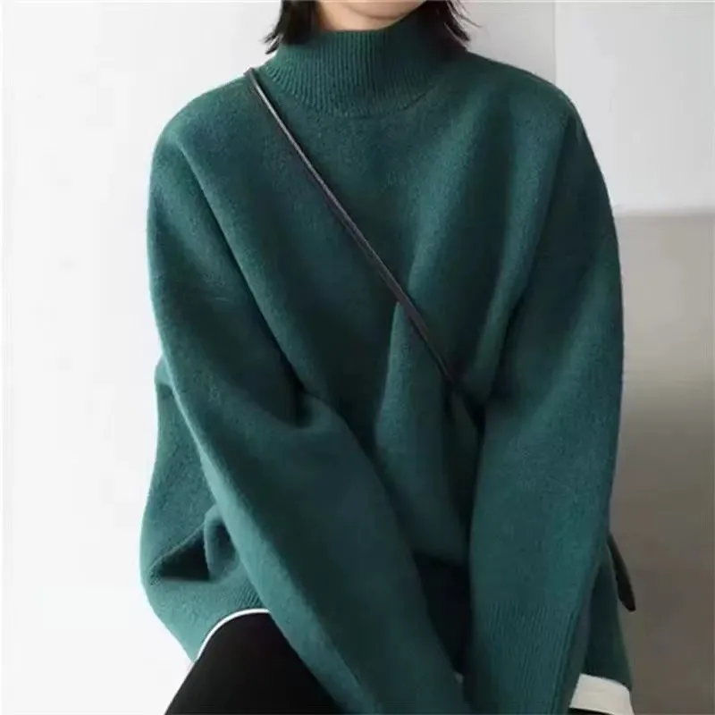 Loose Outer Wear Casual Mid-length Round Neck Cashmere Thickened Sweater - Green