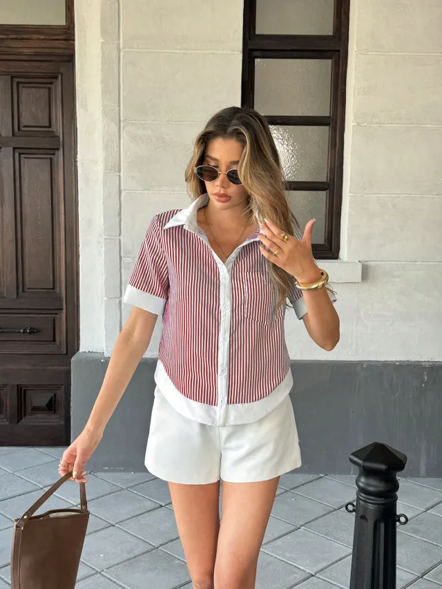Womens Loose Fashionable Contrast color Single breasted Short sleeve Top Wine - Shop at LoveMi