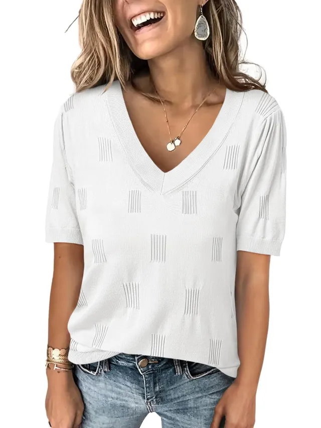 V neck Lightweight Thin Knit Sweater With Short Sleeves White - Shop at LoveMi
