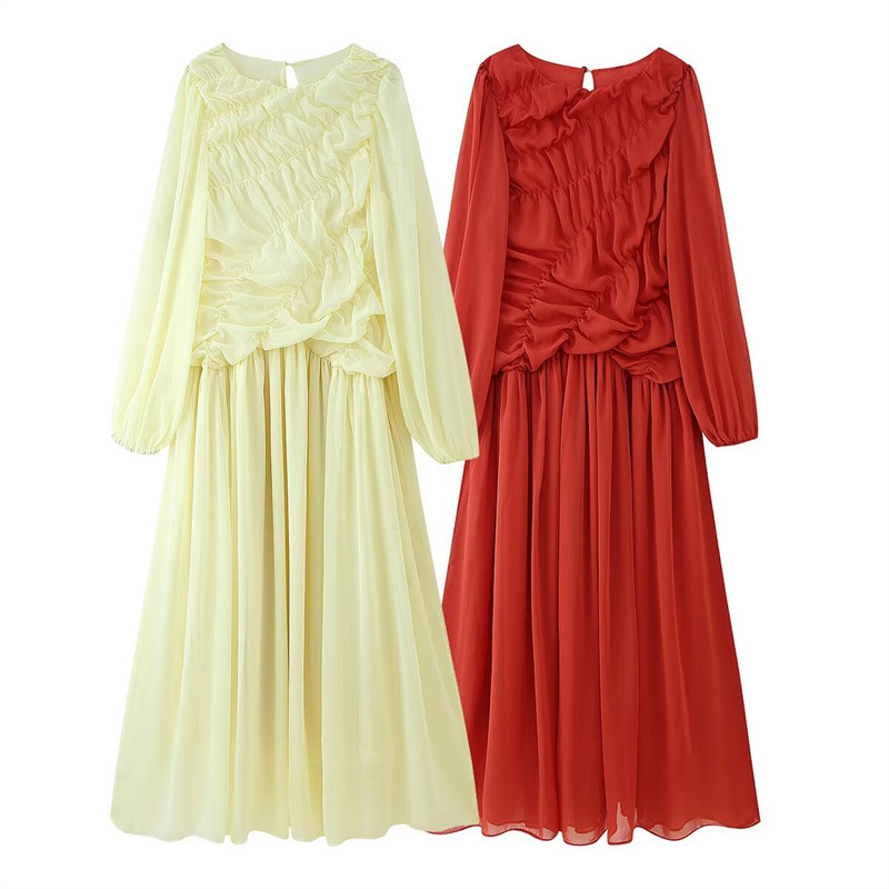 Design Sense Laminated Two-color Long Sleeve Lath Pleated Dress