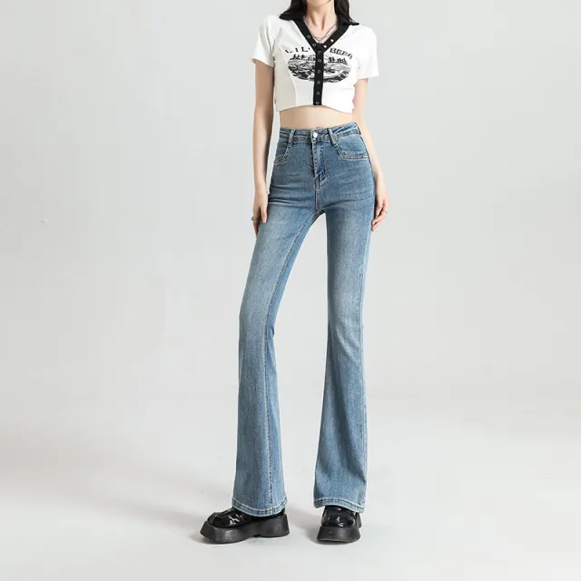 High Waist Slim fit Slimming Elastic Draping Mopping Horseshoe Bootleg Pants Blue - Shop at LoveMi