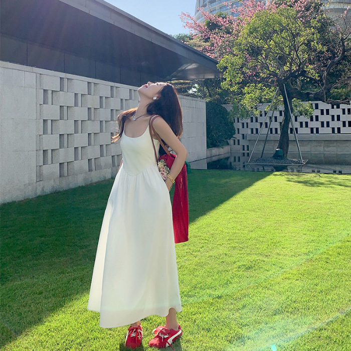 Korean Gentle Waist Trimming Spaghetti Straps Vacation Style Sweet Slimming Dress White - Shop at LoveMi