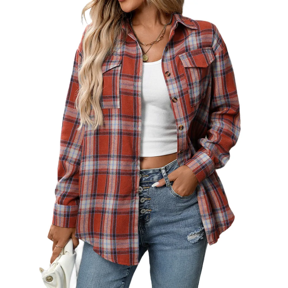 Casual Fashion Loose Plaid Pocket Shirt For Women - Caramel-Xl