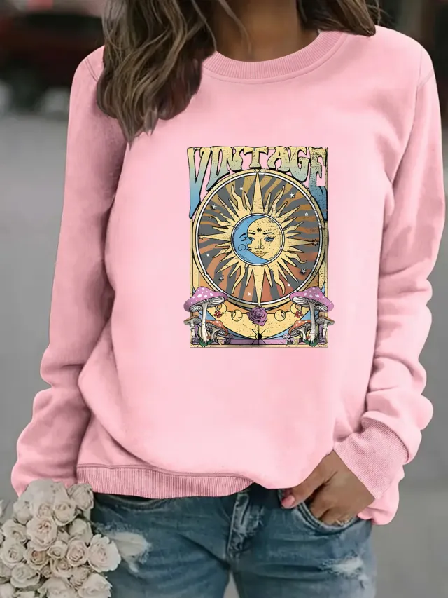 Women's Autumn And Winter Clothing Casual Long Sleeve Round Neck Sun Moon Print Pullover Sweater Sweatshirt Pink - Shop at LoveMi