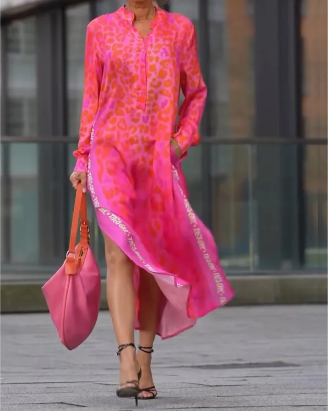 European And American Printed Long Sleeve V neck Leopard Print Split Pocket Dress Rose Red - Shop at LoveMi