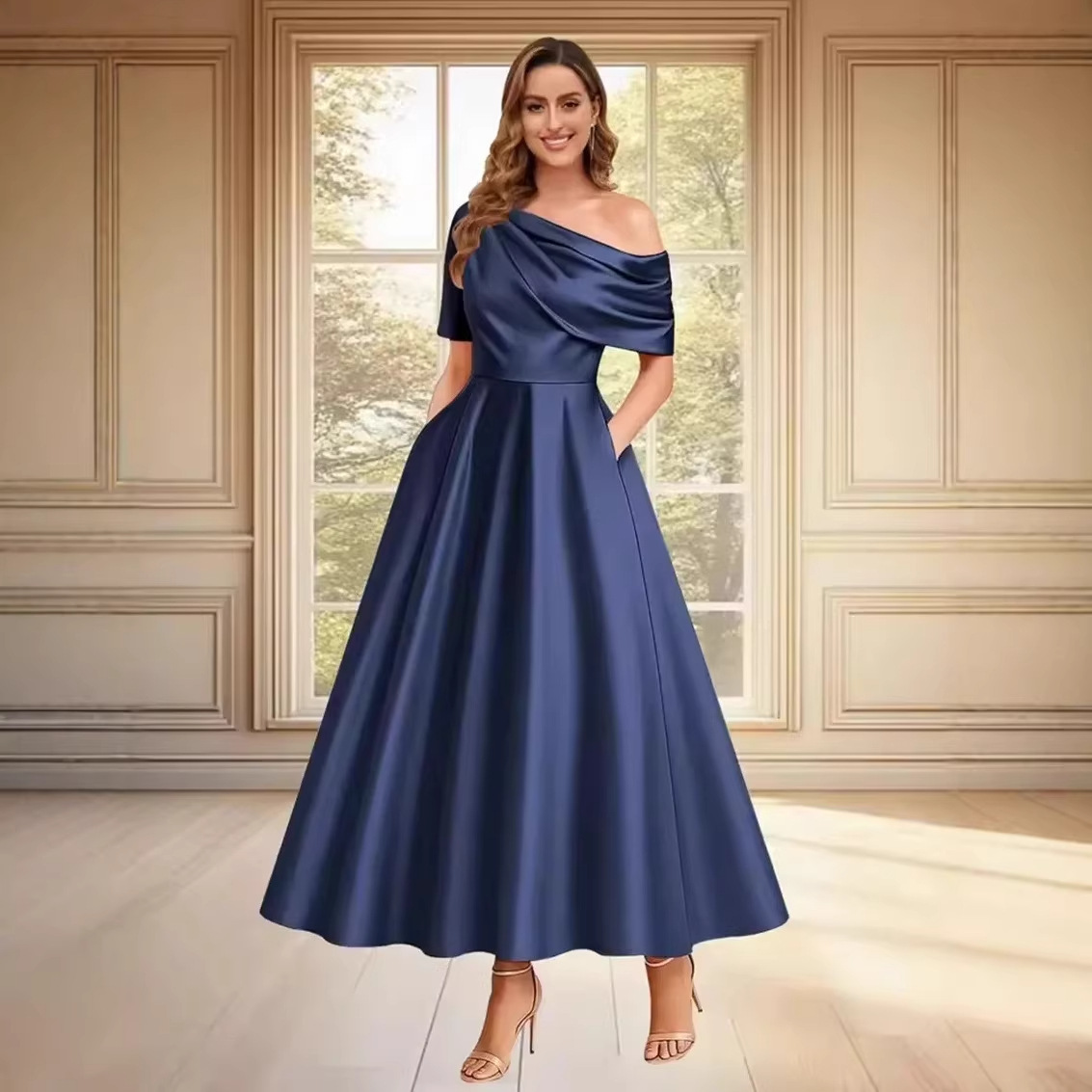 New Elegant And Sophisticated Satin Off-Shoulder Solid Color Dress