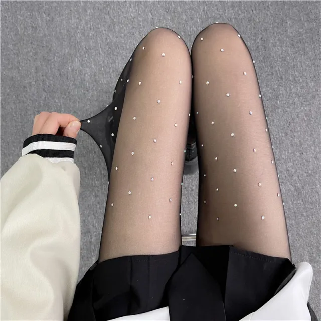 Black With Diamond Silk Screen Red Shiny Rhinestone Pantyhose Thin Anti hook Arbitrary Cut Black - Shop at LoveMi