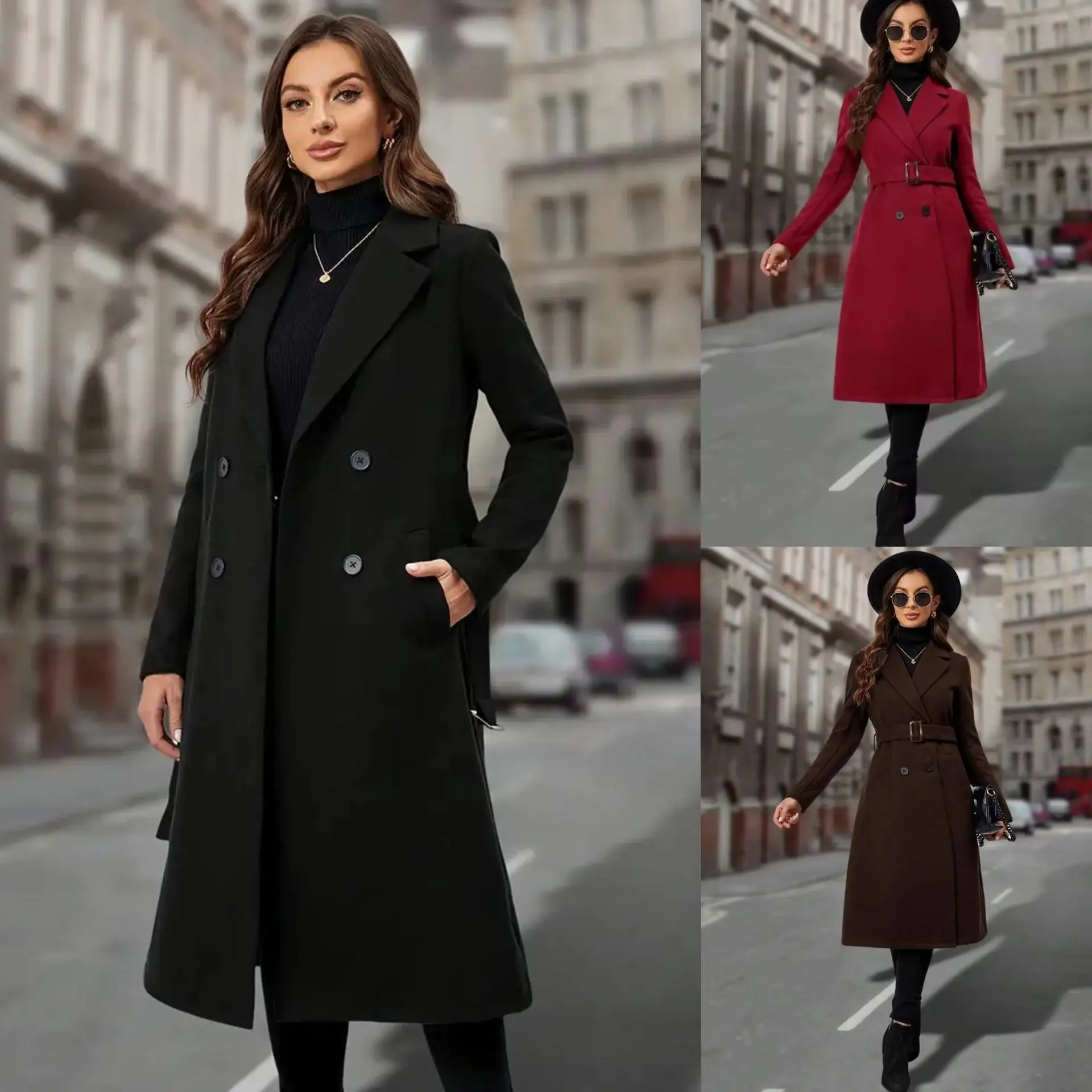 Womens Double-Breasted Belted Slim-Fit Coat Long Woolen