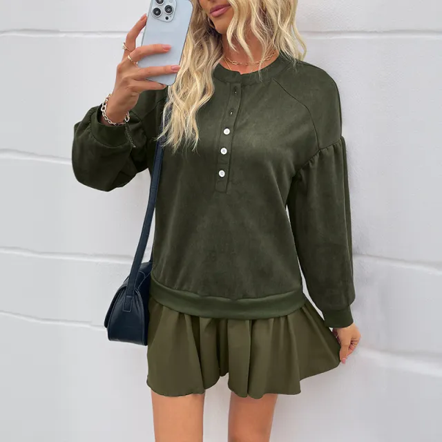 Casual Retro Sweet Style Anti aging Long Sleeved Dress Army Green - Shop at LoveMi