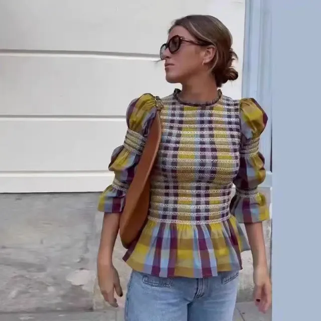 Fashion Ruffles Pleated Plaid Round Neck Long Sleeve Top Women's Clothing Picture Color L - Shop at LoveMi