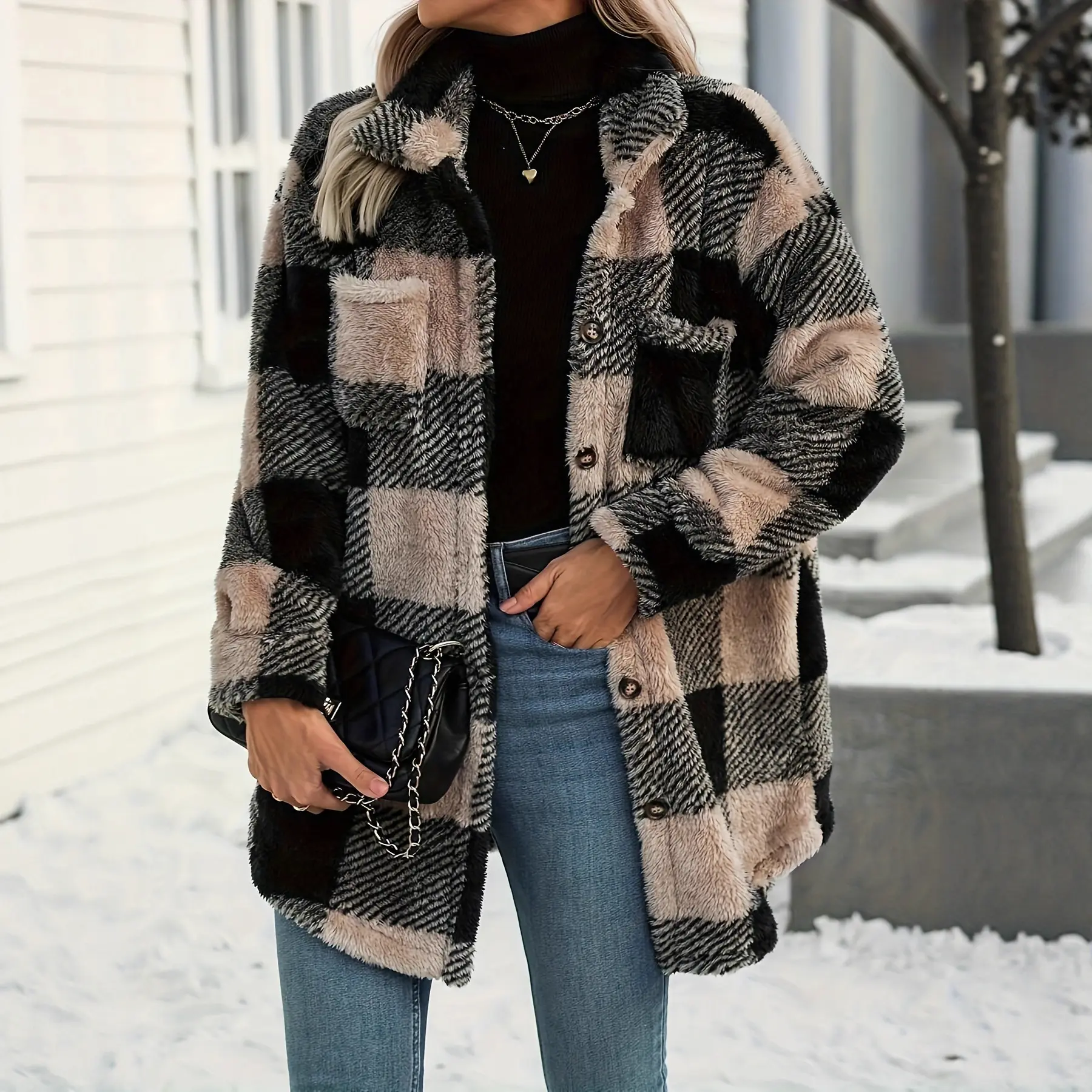 Womens Autumn Winter Long-Sleeve Plaid Fleece Coat