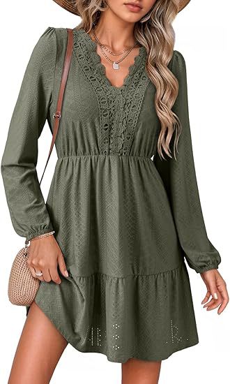 Women's Lace Hollow Out Embroidered V Neck Long Sleeve Dress Army Green - Shop at LoveMi