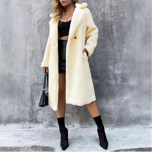 Elegant Double Breasted Lapel Loose And Warm Long cut Coat Beige - Shop at LoveMi