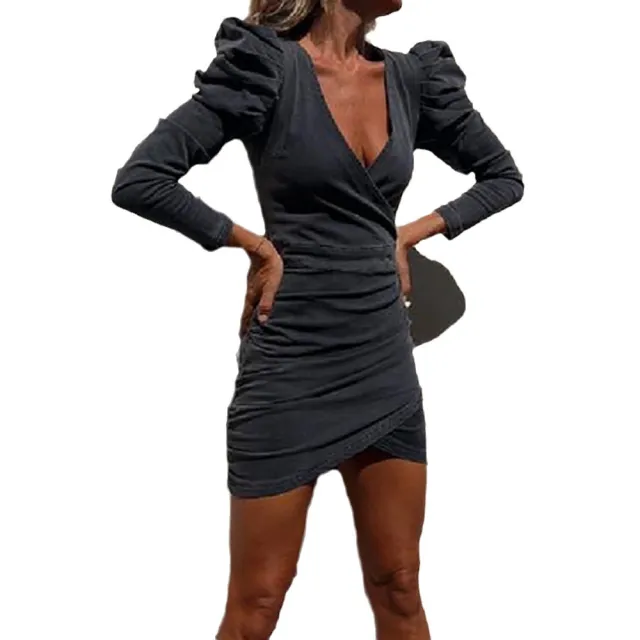 Distressed Puff Sleeve Casual Style Denim V neck Dress Gray - Shop at LoveMi