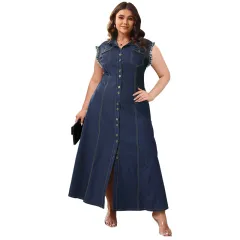 Button Cardigan Denim Long Dress For Women - Blue - View 1