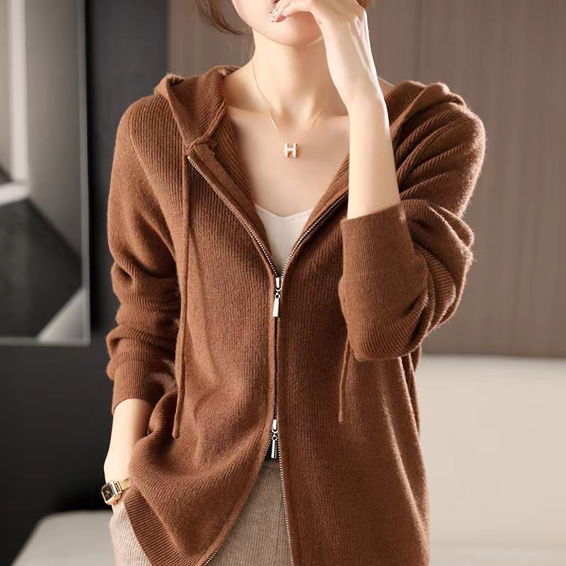Double-headed Zipper Hooded Knit Women's Cardigan Coat
