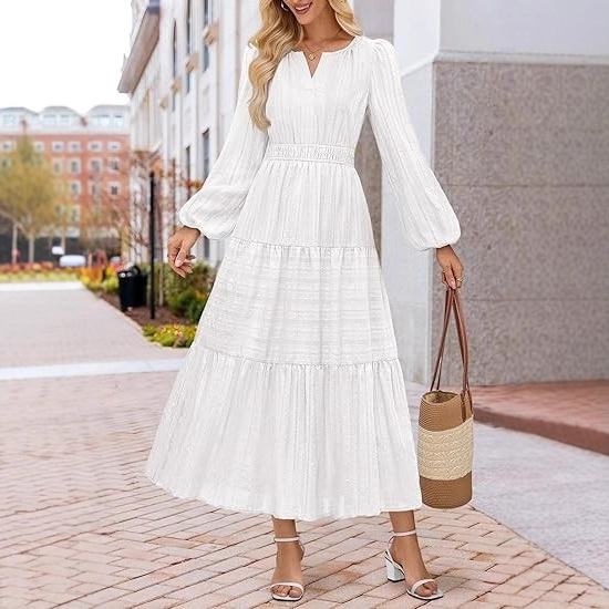 V-neck, Waist-cinched, Layered Puffed-sleeve Dress Fashionable Ruffled Maxi Skirt