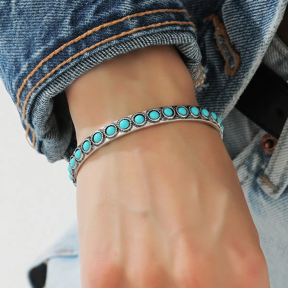 Western-style Green Turquoise Vintage Silver Bracelet