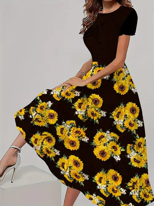 Trendy Casual All matching Floral Pattern Short Sleeve Round Neck Dress Wf008Rq250226Y057 - Shop at LoveMi