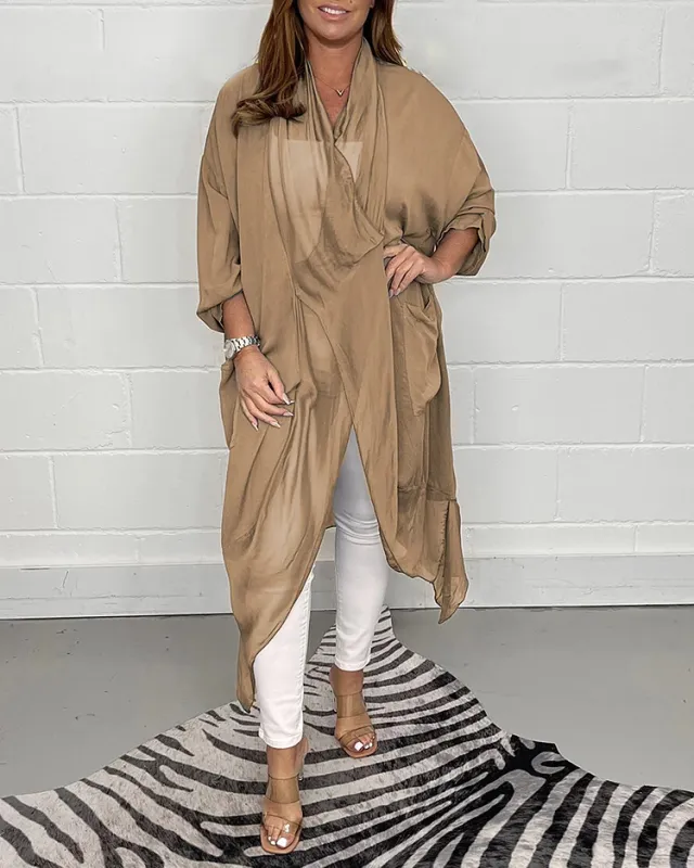 New Slimming Silk Loose V neck Design Solid Color Top Khaki - Shop at LoveMi