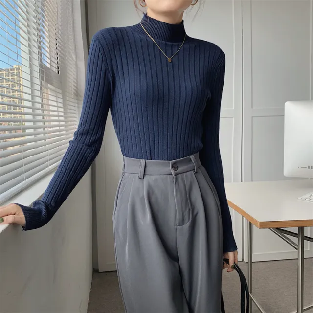 Half high Collar Long Sleeves Knitted Bottoming Shirt Top For Women Blue - Shop at LoveMi