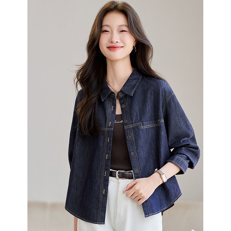 Dark Blue Long-sleeve Denim Shirt Womens Loose Fit