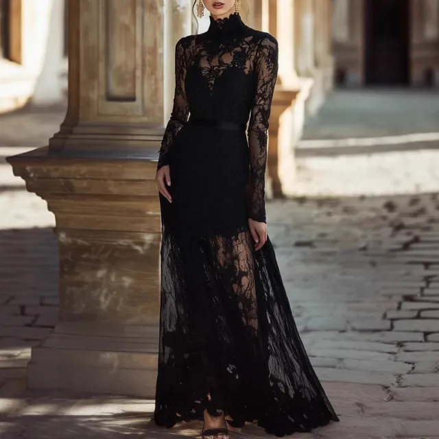 Women's Solid color Hollow out Vintage Stand collar Long sleeve Lace Maxi Dress With A Fitted Waist Black - Shop at LoveMi