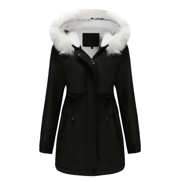 Fleece lined Hooded Detachable Fur Collar Long Sleeve Parka Black - Shop at LoveMi