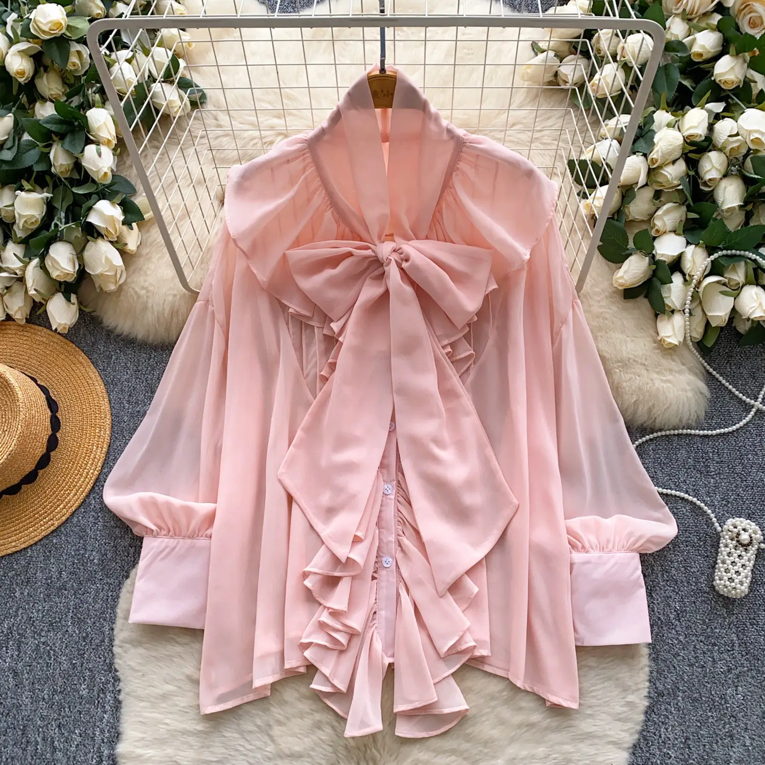 Womens Solid-Color Chiffon Blouse