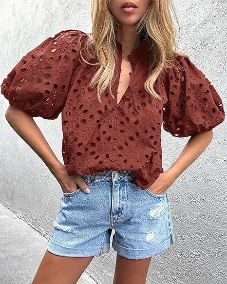Women's Lantern Sleeve V-neck Buttons Hollow Lace Embroidered Shirt - Red