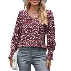Loose Printed Long Sleeve V-neck Chiffon Shirt For Women - Wine Red - View 1