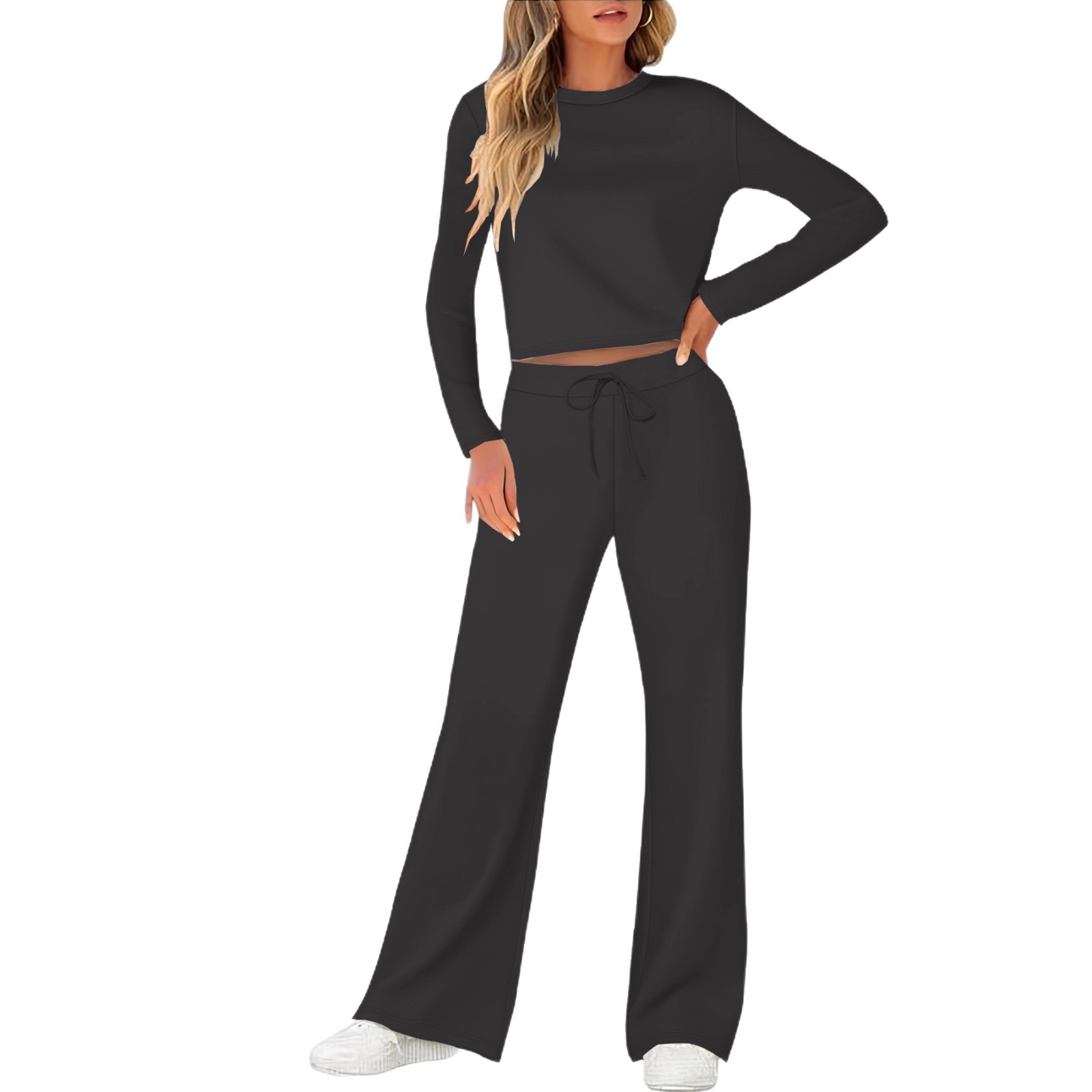 Solid Color T-shirt Round Neck Long Sleeve Trousers Suit