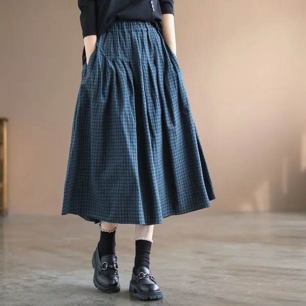 Artistic Retro Ethnic Style Printed Skirt Blue Plaid - Shop at LoveMi