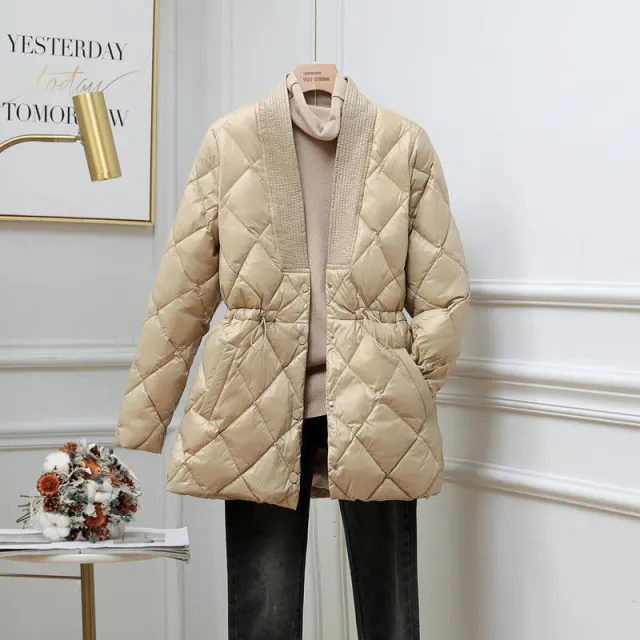 Rhombus Cotton padded Jacket Women's Mid length Large V neck Jacket Khaki - Shop at LoveMi