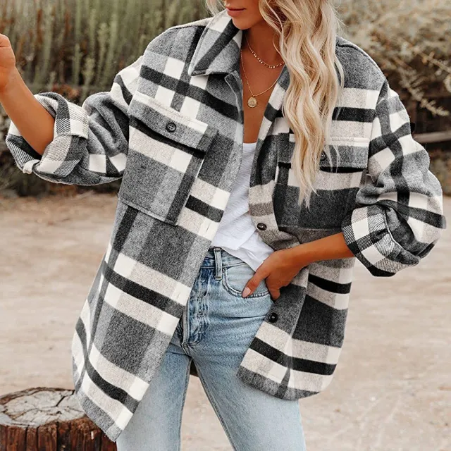 Plaid Button Flannel Woolen Shirt Black - Shop at LoveMi