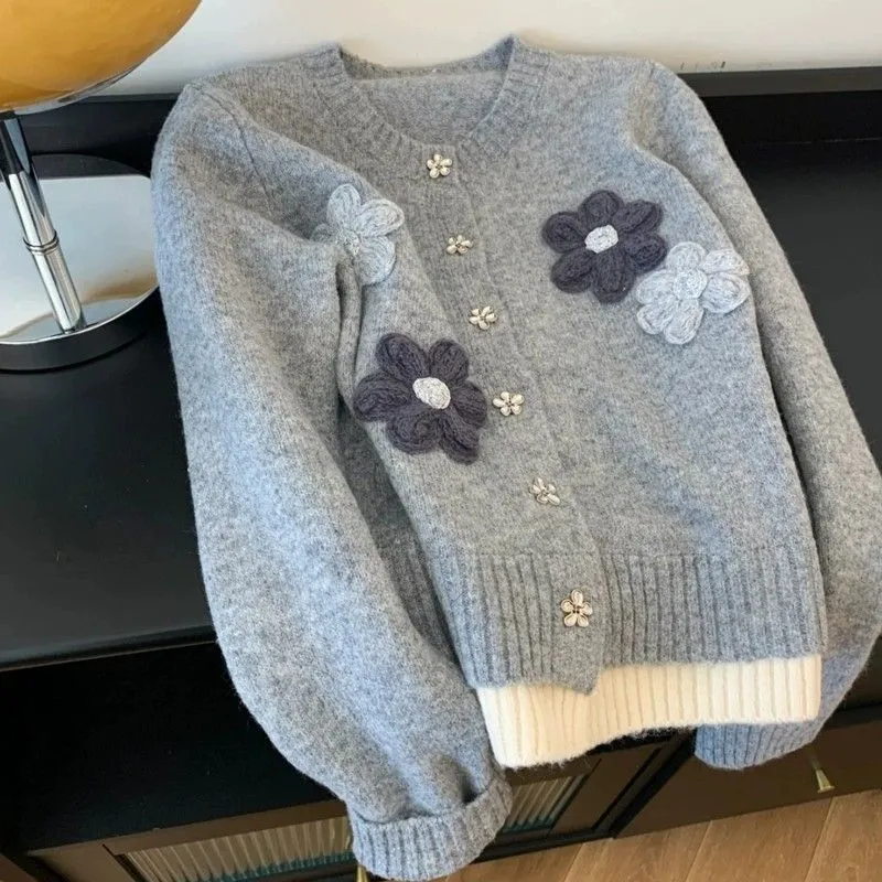 Women's Korean-style Flower Loose Sweater Autumn And Winter - Gray