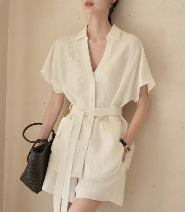 Imitation Cotton And Linen Texture Heavy Industry Short Sleeve Shirt Coat Shorts Suit Shorts S - Shop at LoveMi