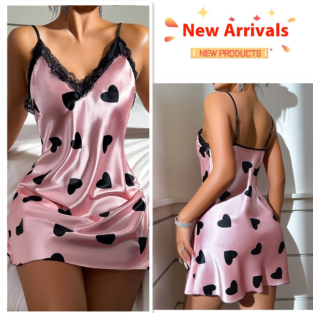 Ice Silk Nightdress Sexy Backless Lovely Suspender Skirt Pajamas Thin Breathable Printed - Image 3