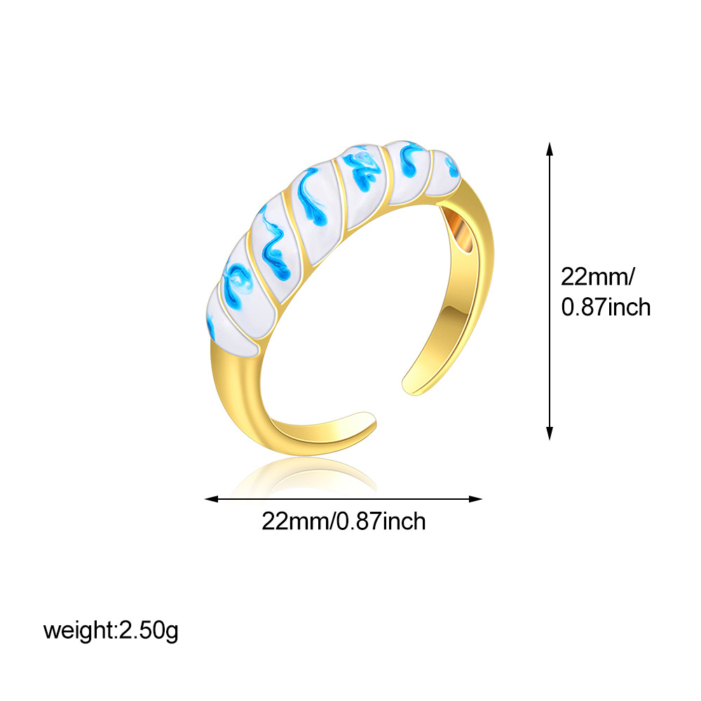 Vintage Enamel Oil-Blue And White Pattern Ring For Women