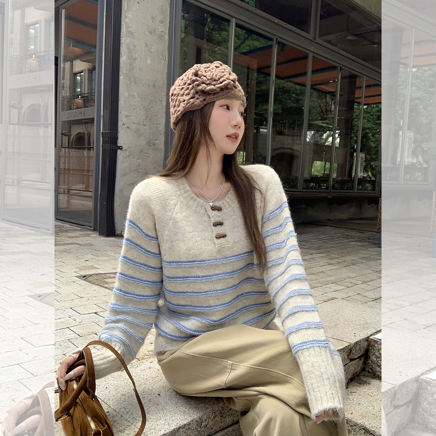 Womens Casual Striped Half-zip Long-sleeve Base Top