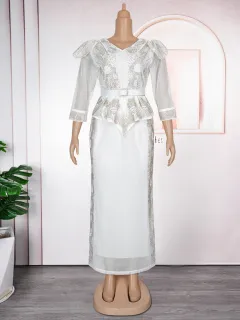 African Plus Size Fashion Rhinestone Christmas Evening Dress - White - View 1