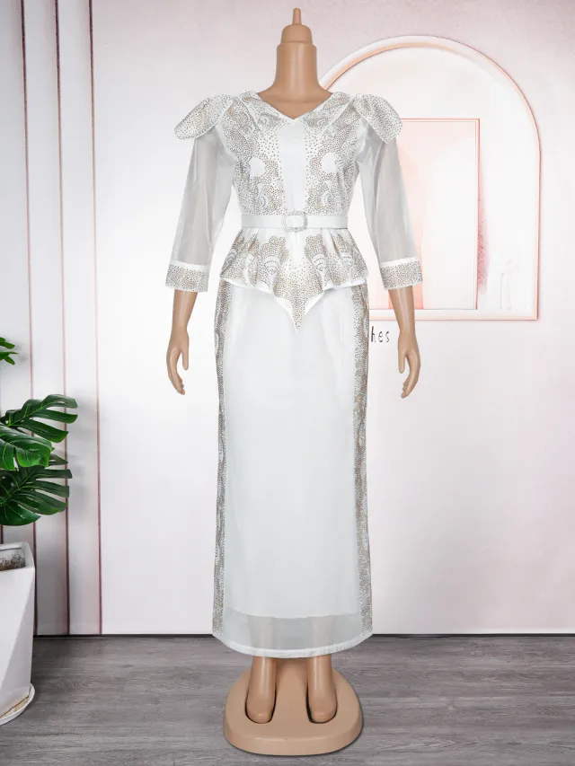 African Plus Size Fashion Rhinestone Christmas Evening Dress White - Shop at LoveMi
