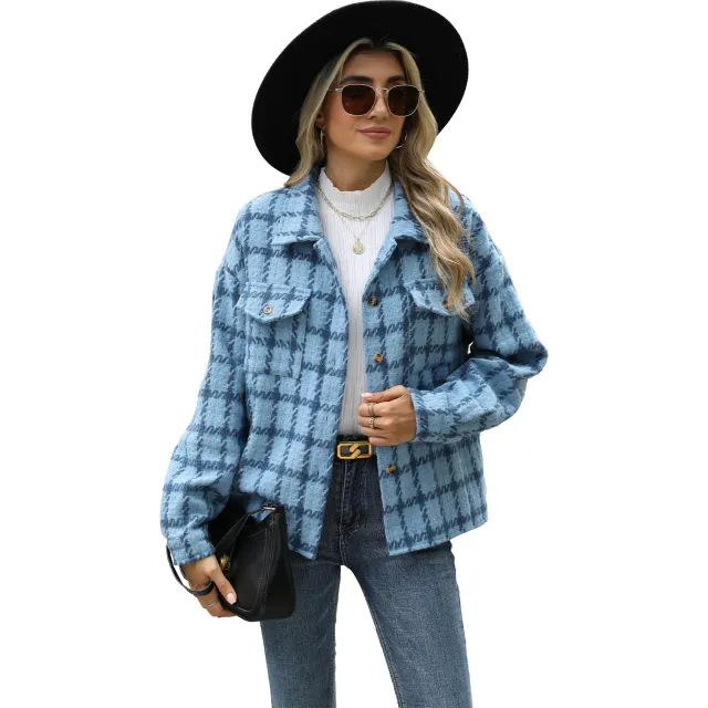 Women's Lapel Plaid Long Sleeve Baggy Coat Blue - Shop at LoveMi