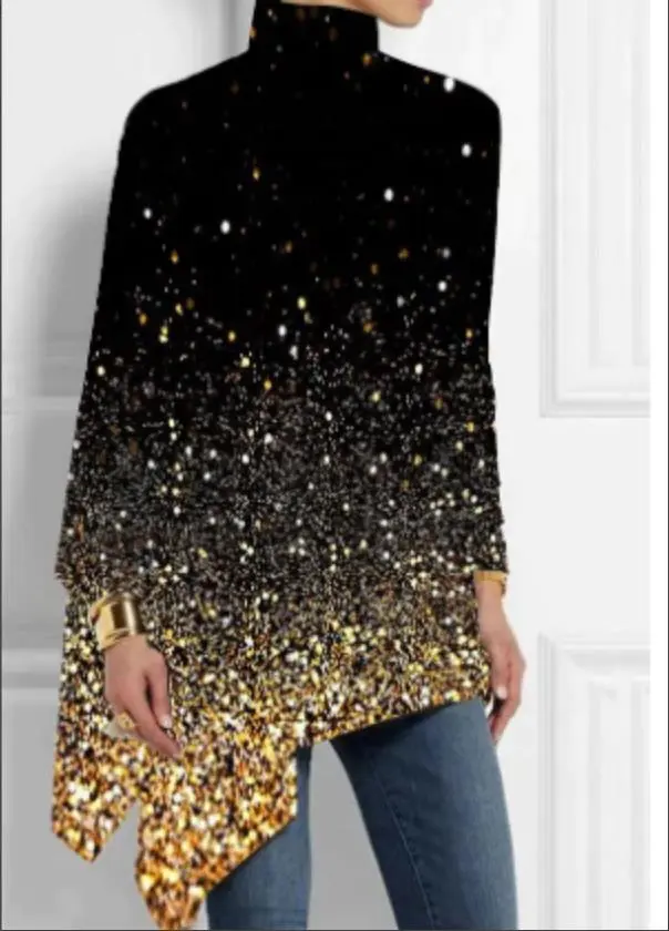 Fashion High Collar Loose And Irregular Digital Printed Long sleeved Top Yellow - Shop at LoveMi
