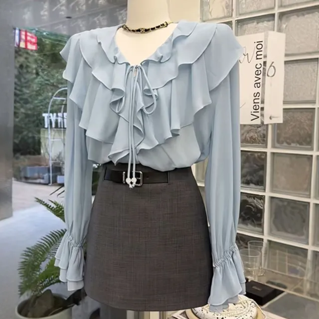 French Elegant Ruffled V neck Long Sleeve Shirt Women Blue - Shop at LoveMi