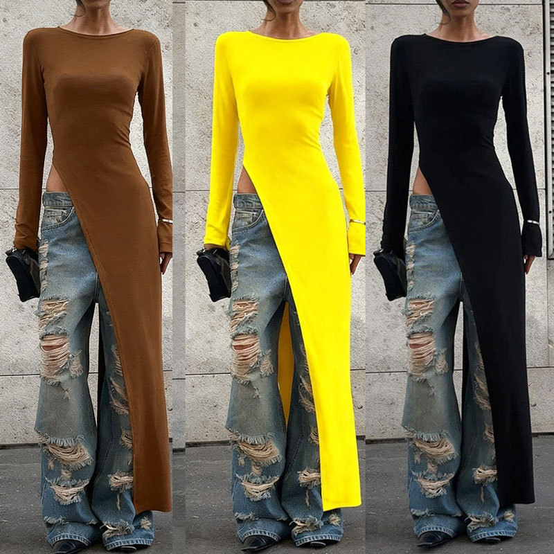 Solid Color Round-neck Long-sleeved Dress Women