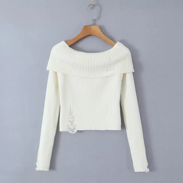 Off shoulder Large Lapel Short Sweater For Women White - Shop at LoveMi