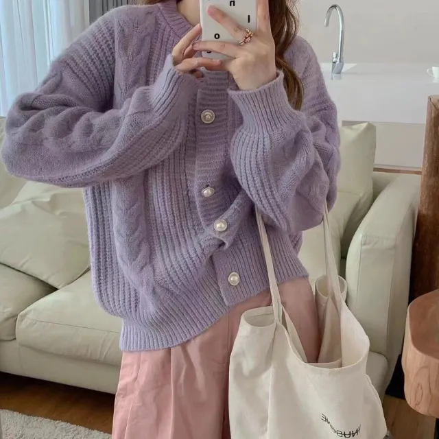 Idle Style Gentle Retro Twist Design Sweater Fashionable Jacket Women Purple - Shop at LoveMi