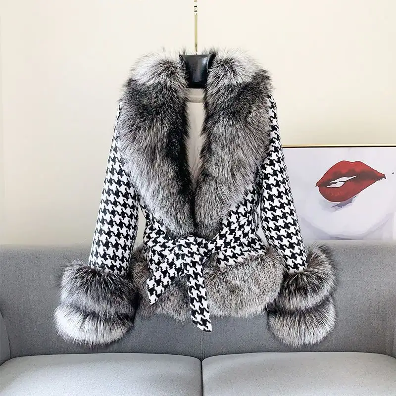 Fur Coat Women's Short Houndstooth Fur Collar Silver Fox