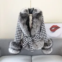 Fur Coat Women's Short Houndstooth Fur Collar Silver Fox Fur Jacket - Silver Grey - View 1